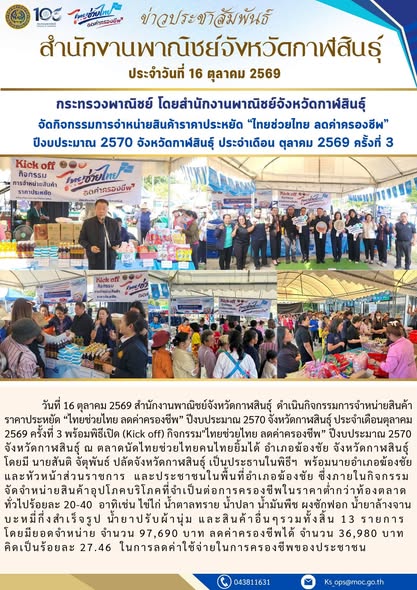 สำนักงานพาณิชย์จังหวัดกาฬสินธุ์ ดำเนินกิจกรรมการจำหน่ายสินค้าราคาประหยัด “ไทยช่วยไทย ลดค่าครองชีพ” ปีงบประมาณ 2570 จังหวัดกาฬสินธุ์ ประจำเดือนตุลาคม 2569 ครั้งที่ 3 